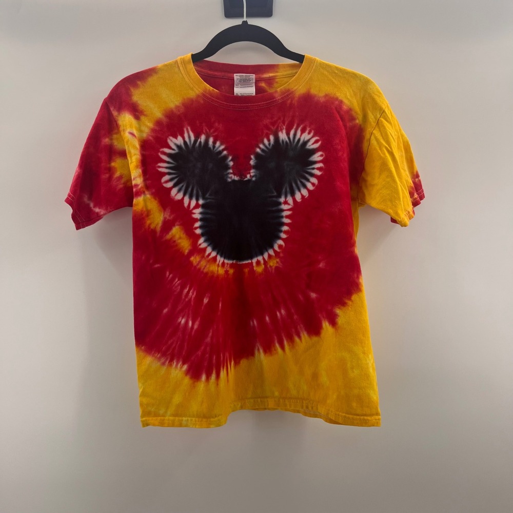 Gildan Mickey Mouse Tie Dye Shirt Youth XL Red Yellow‎ Disney Heavy Cotton Tee